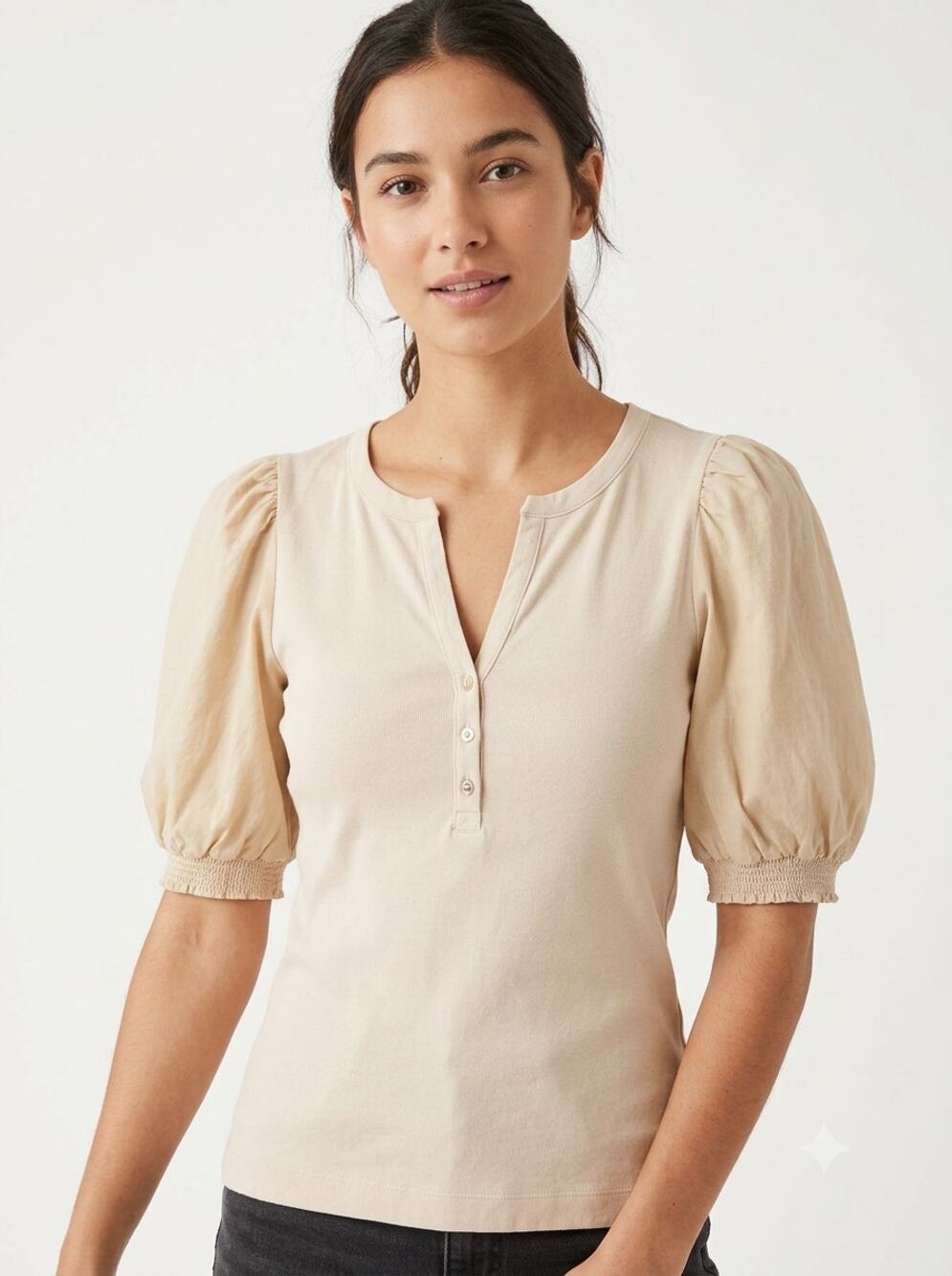 Lilly Pulitzer Henley Blouse Top Womens M Beige Knit Puff Sleeve Classic Preppy